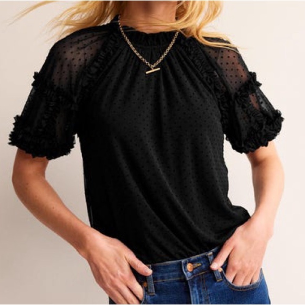 Boden Black Dotted Swiss Ruffle Sleeve Top
